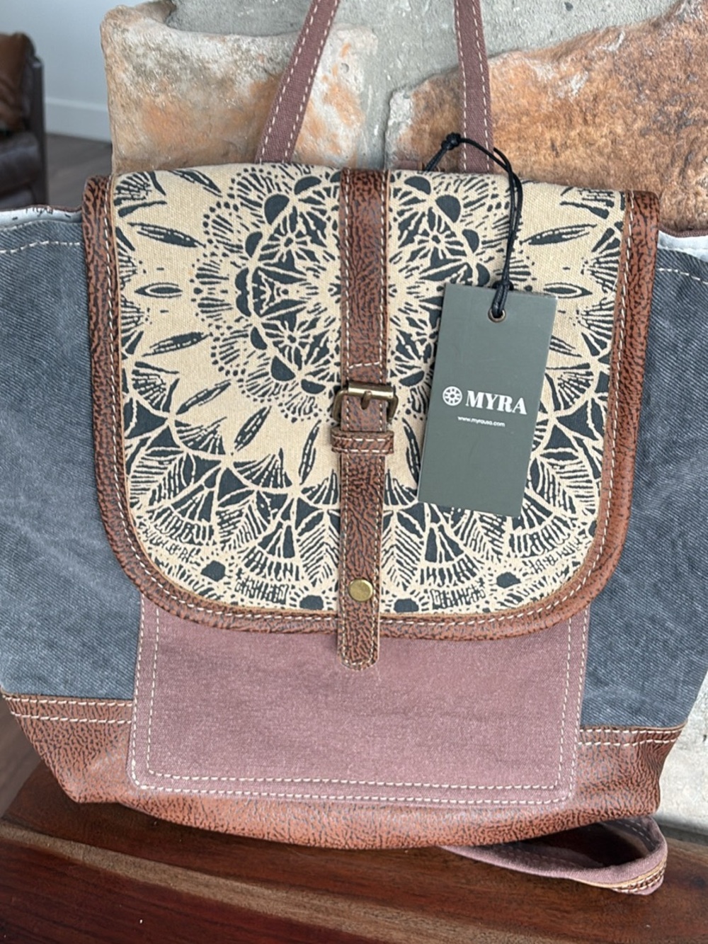 Myra Bag Beige Floral Canvas Backpack with Brown & Gray Accents